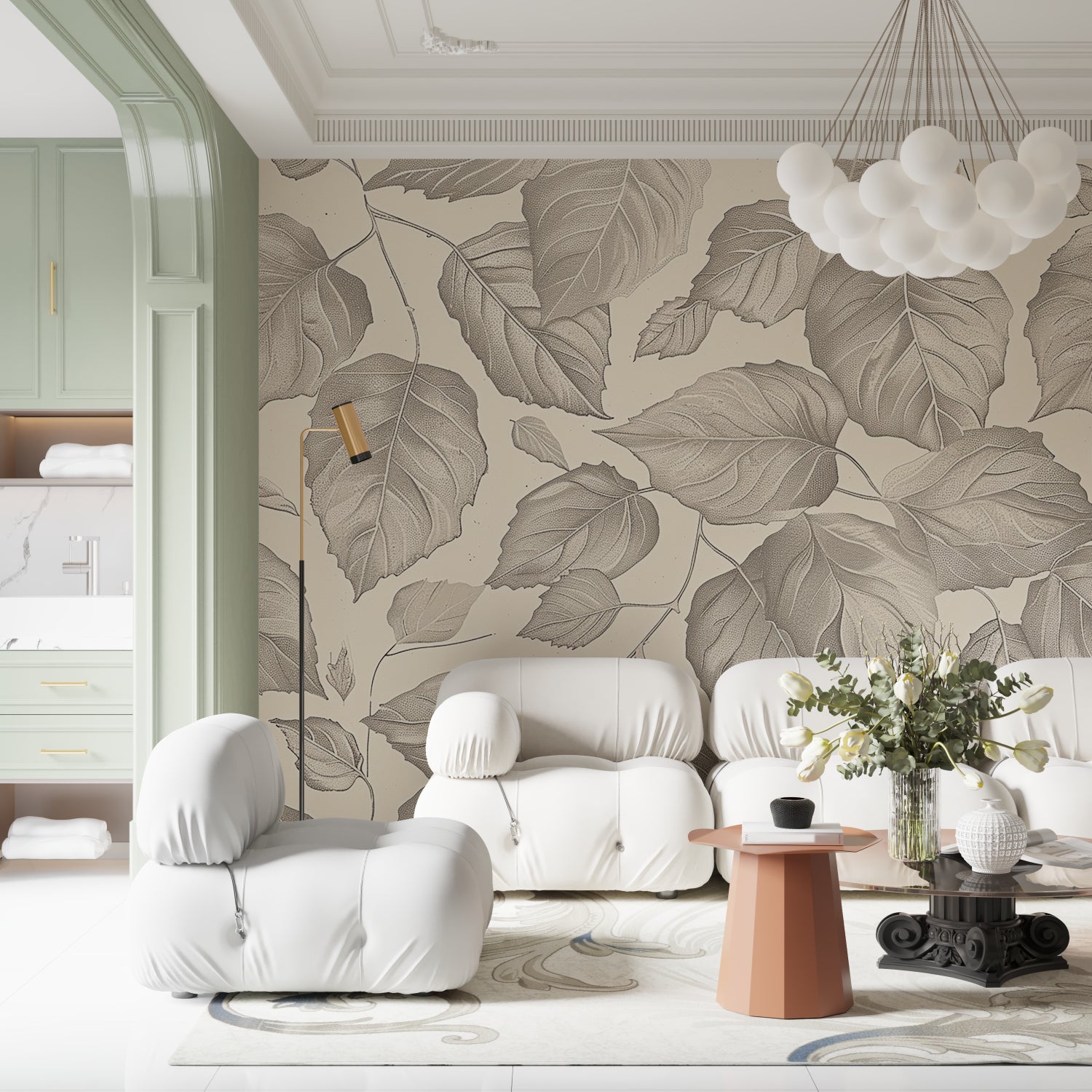 Elegant grey botanical wallpaper transforming entryway with subtle pattern
