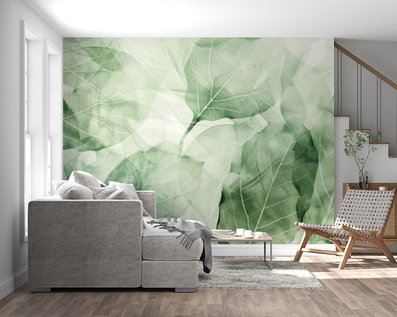 Nature-inspired wallpaper adding depth to a dining room with soft, overlapping leaf patterns