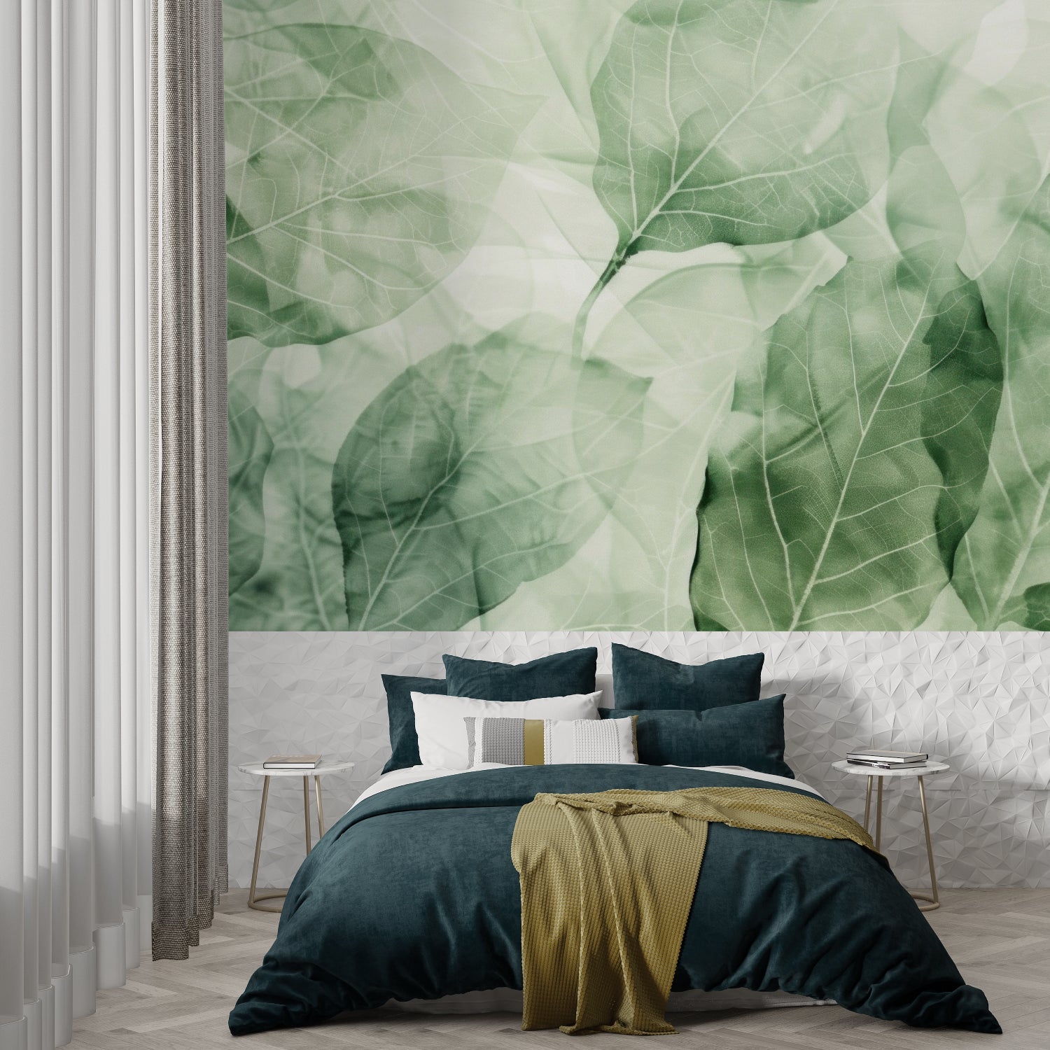 Nature-inspired wallpaper transforming a peaceful bedroom with soft green tones