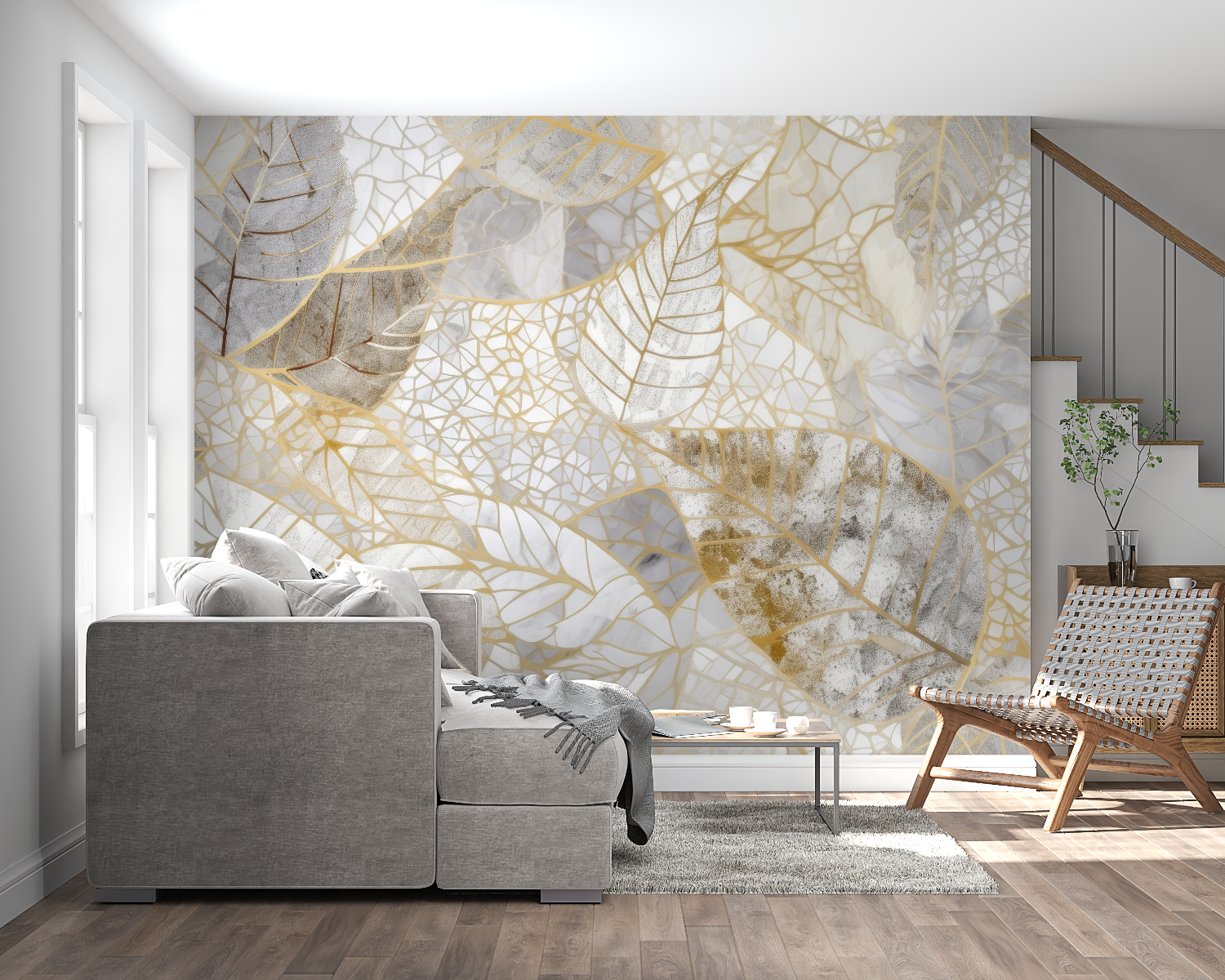 Master bedroom featuring gold leaf wallpaper with soft grey tones