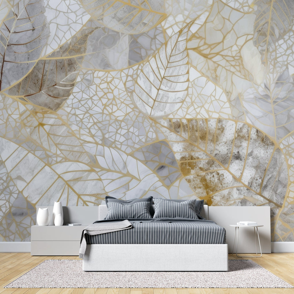 Luxury gold leaf wallpaper in modern living room setting, showing geometric pattern catching natural light