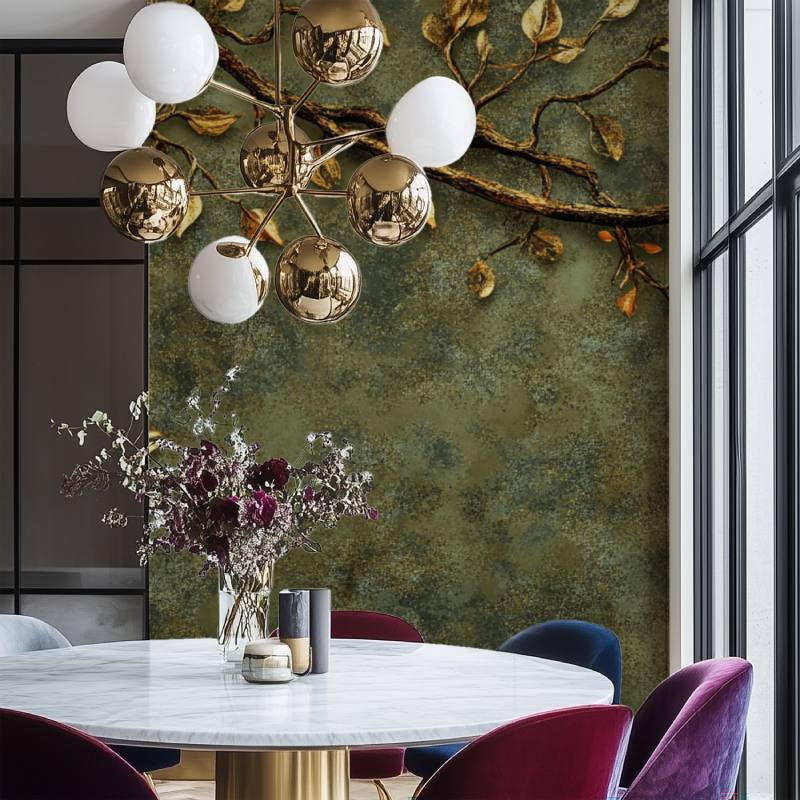 Luxury foliage wallpaper with golden leaves creating warmth in modern living room setting