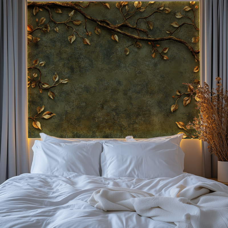 Golden leaf wallpaper making statement in home office with natural lighting