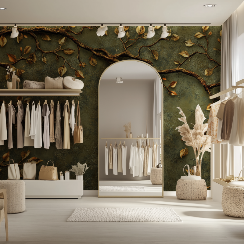 Emerald foliage wallpaper transforming entryway with golden botanical details
