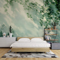 Botanical vine shadow wallpaper creating a peaceful atmosphere in a modern living room with natural light