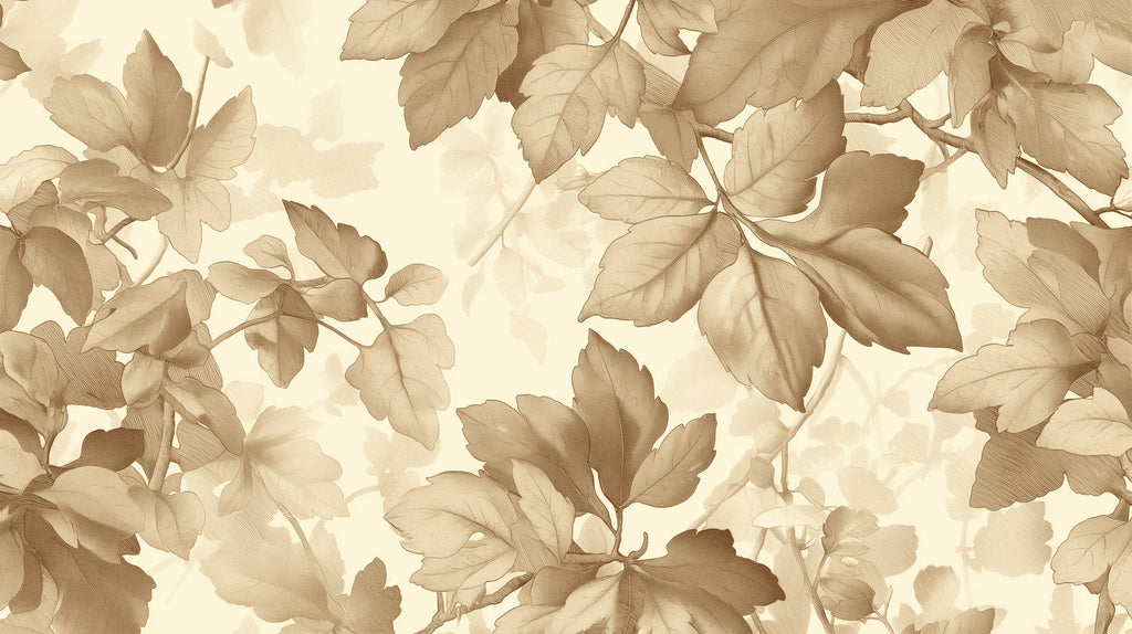 Botanical wall mural featuring oversized leaves in a minimal dining room setting