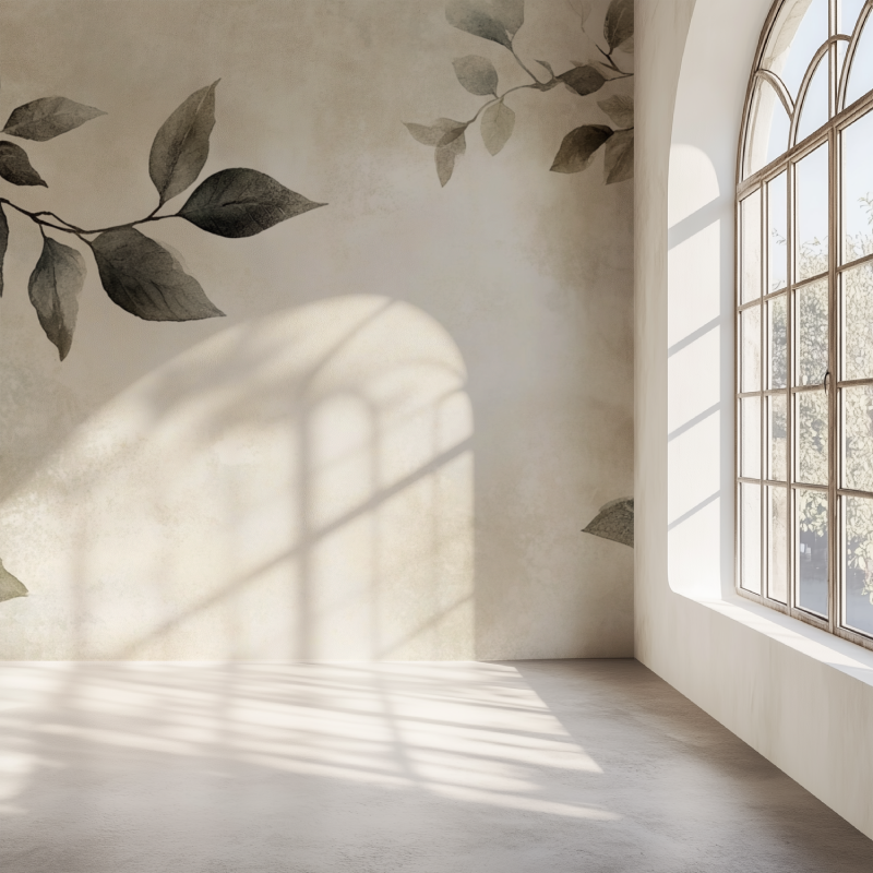 Modern black leaf wallpaper in a minimalist living room creating a peaceful atmosphere