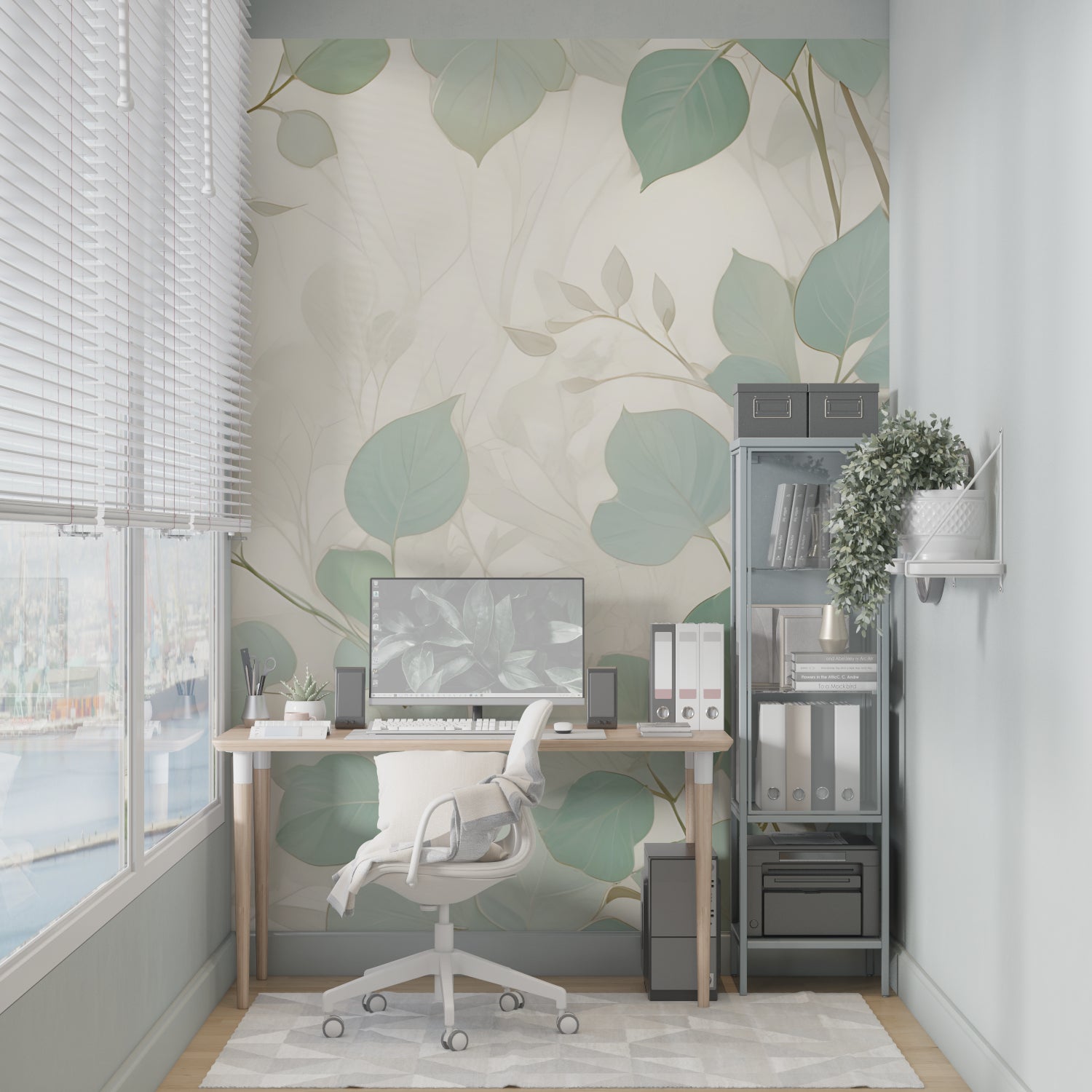 Mint green botanical wallpaper in modern living room showing fresh leaf pattern