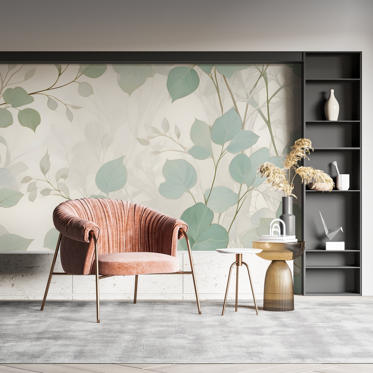 Botanical leaf mural creating calm atmosphere in home office space