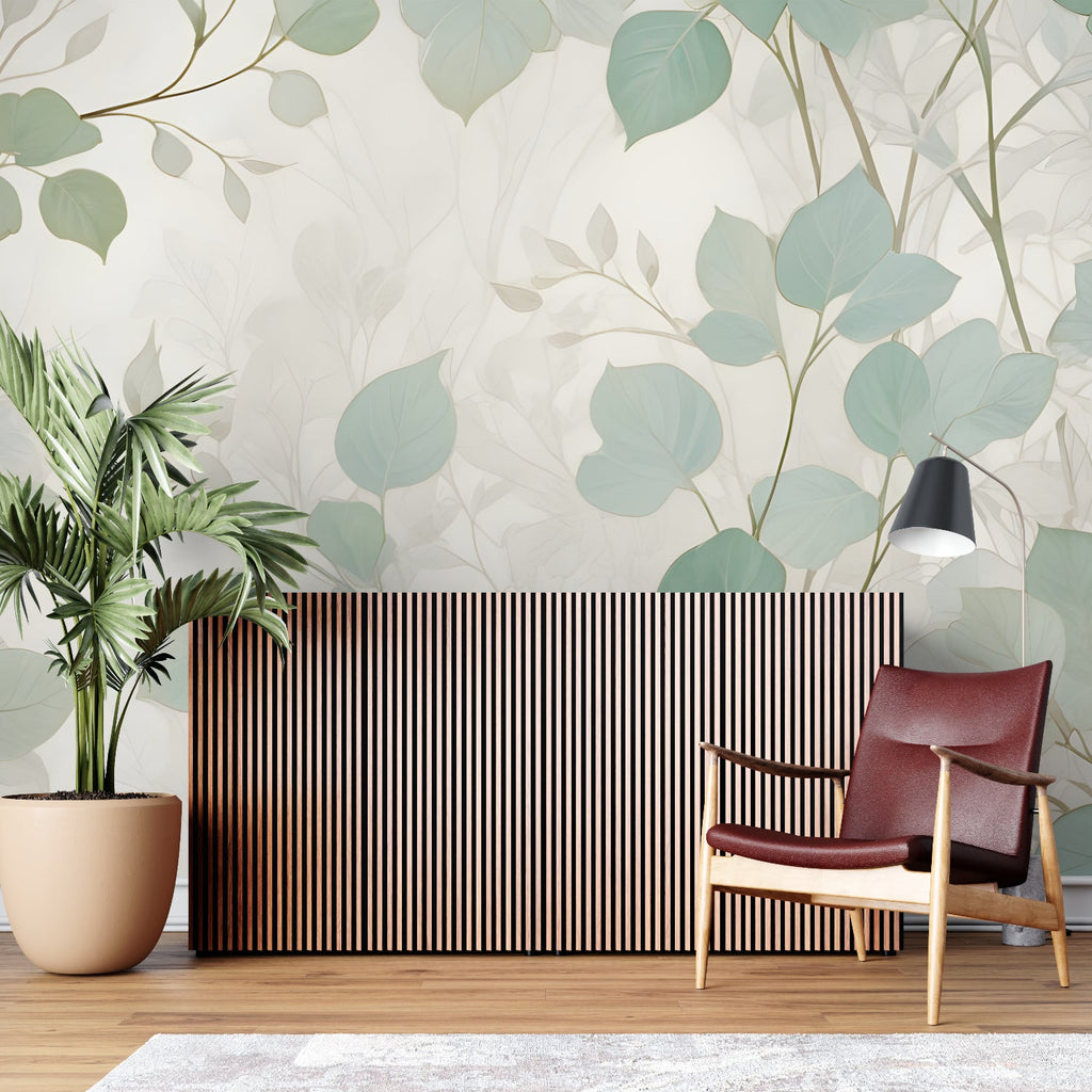 Fresh mint green leaf wallpaper brightening dining room walls