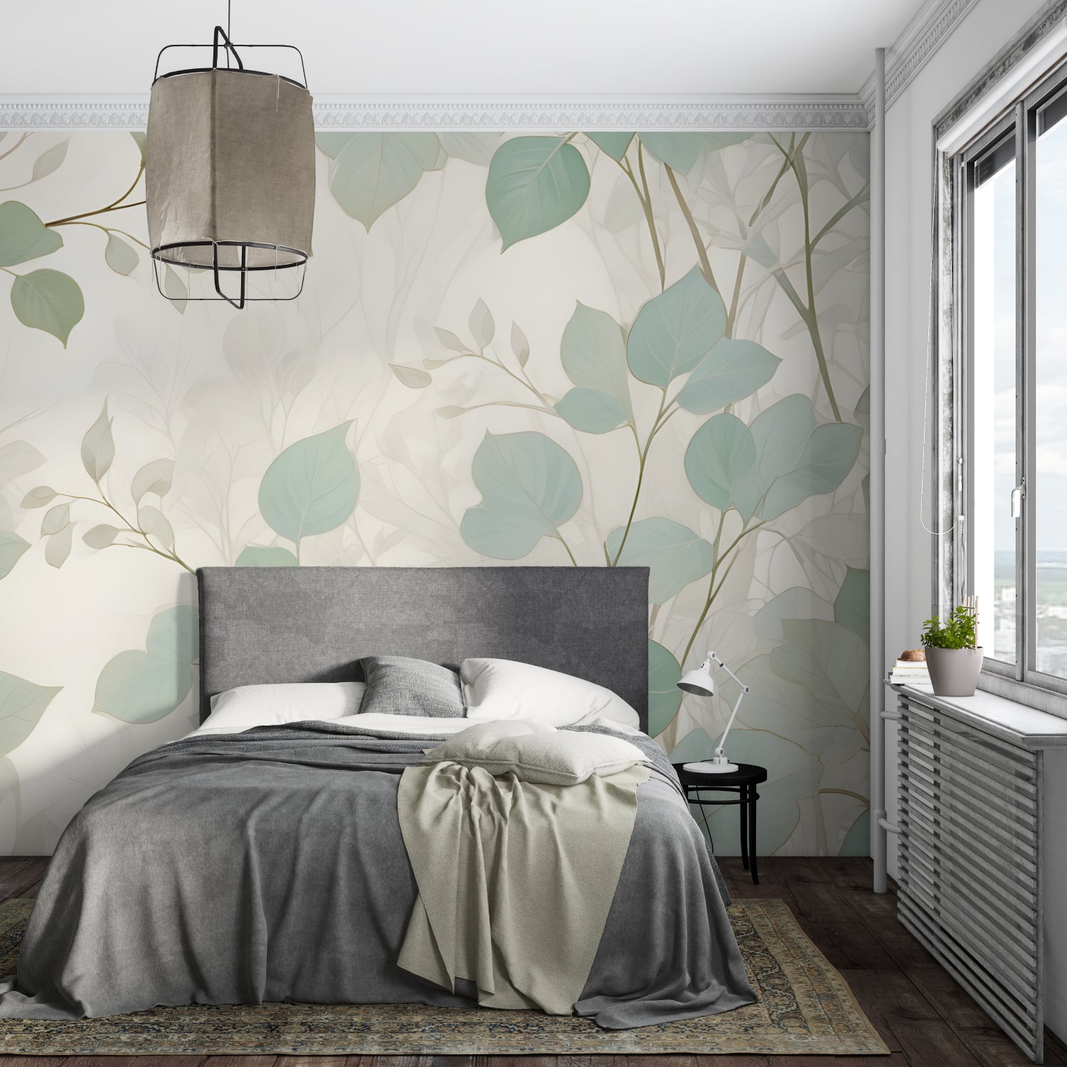Modern botanical wallpaper bringing nature into bedroom setting