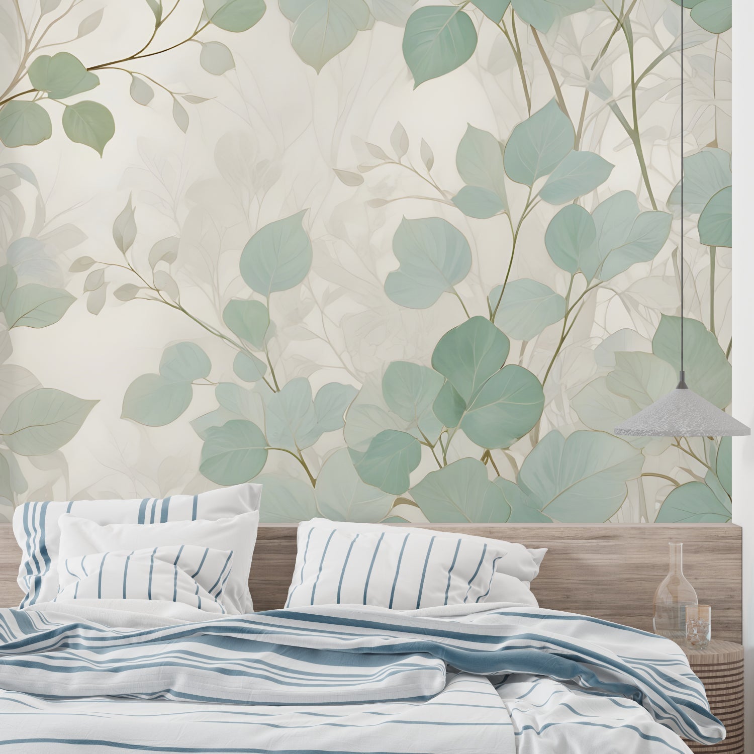 Mint foliage wallpaper creating serene entrance hallway atmosphere