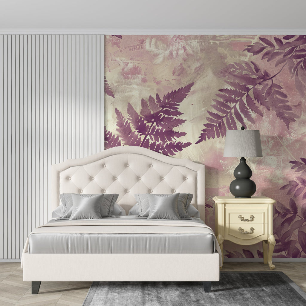 Purple Foliage Wallpaper in home office with wooden desk and chair