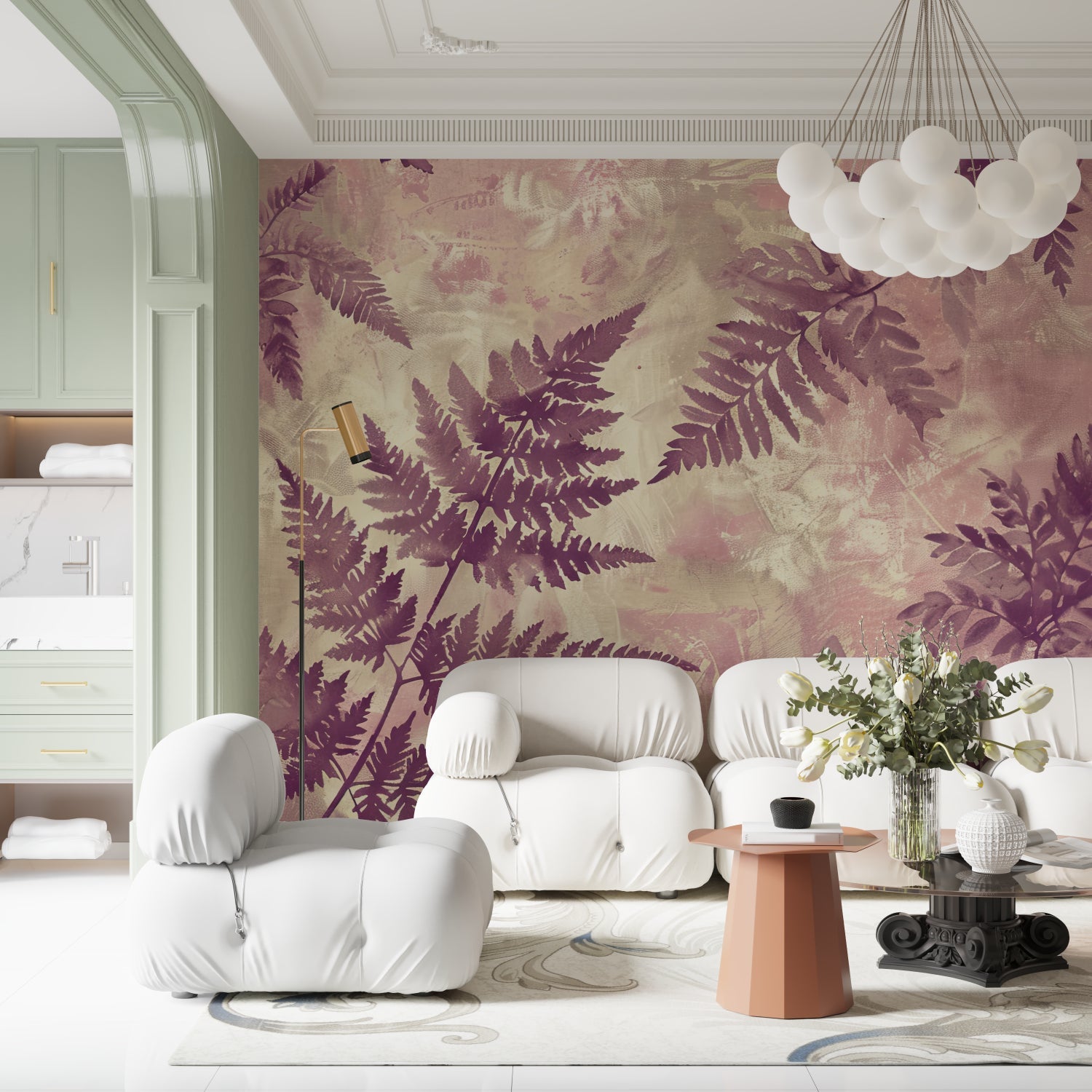 Purple Botanical Mural in meditation room with yoga mat
