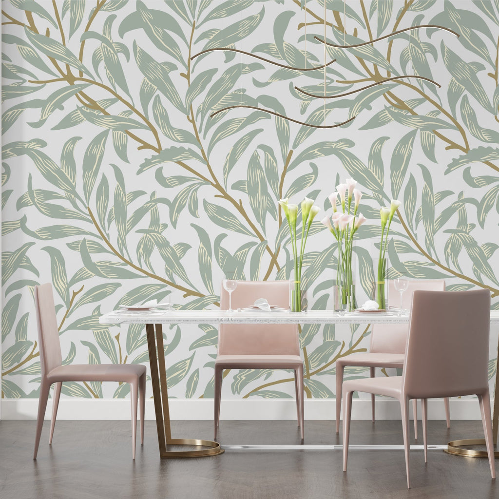 Sage green leaf pattern wallpaper in a serene bedroom setting with morning light