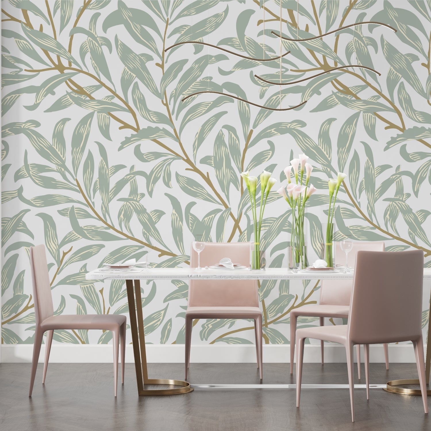 Sage green leaf pattern wallpaper in a serene bedroom setting with morning light