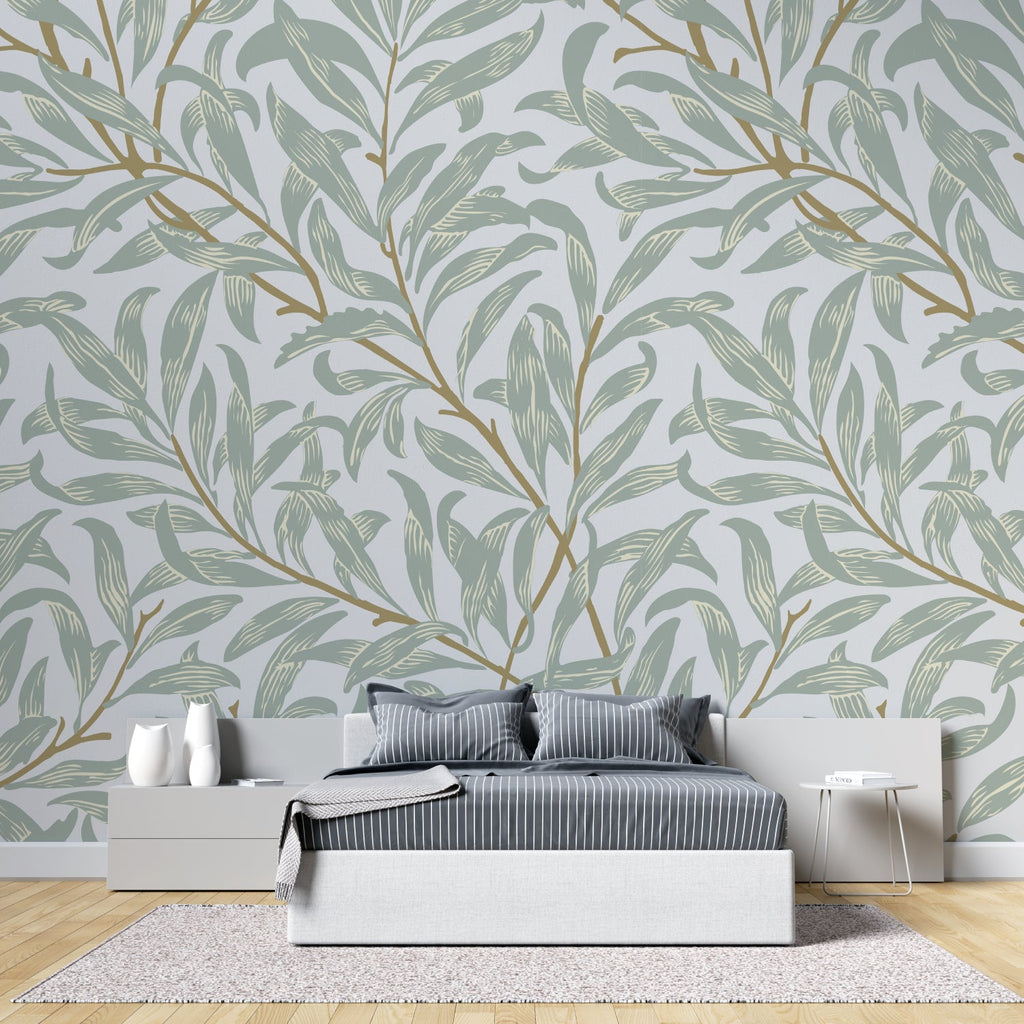 Nature-inspired sage green wallpaper transforming a dining room with soft botanical elements