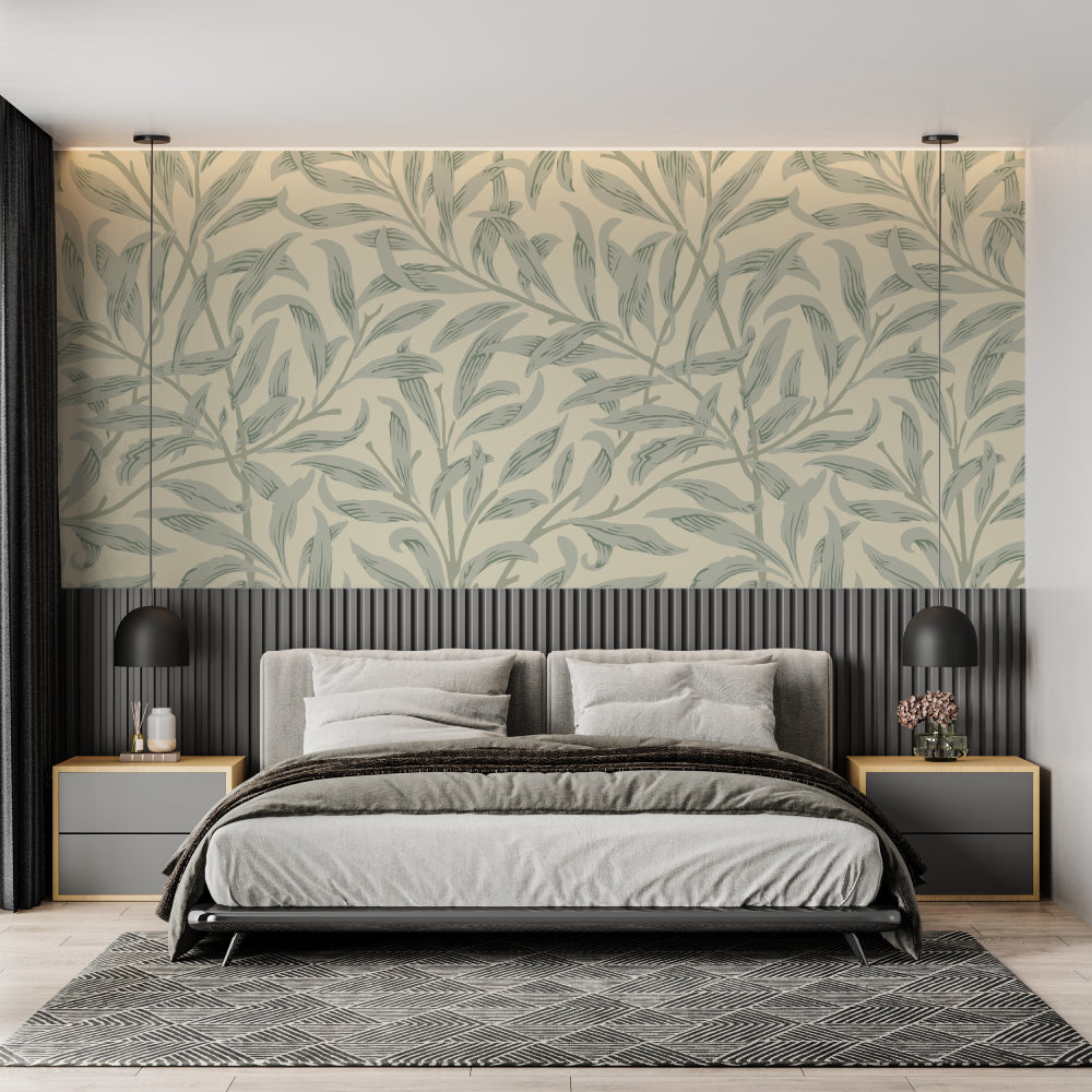 Botanical pattern transforming an entryway with soft sage green tones