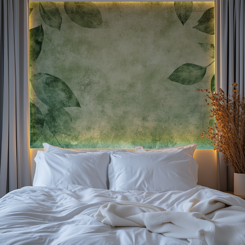 Botanical wall mural enhancing dining room with soft green foliage pattern
