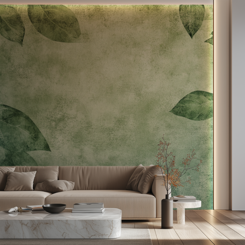 Green leaf wallpaper bringing nature indoors in cozy bedroom setting