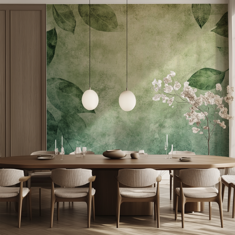 Foliage mural wallpaper adding depth to hallway with vintage green design