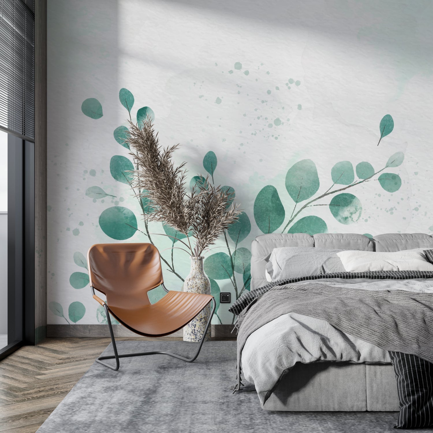 Watercolor leaf mural adding serenity to a home office environment
