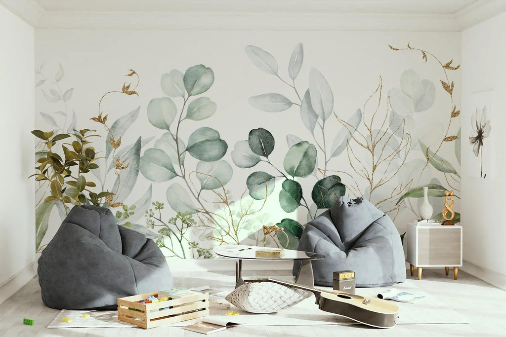 Watercolor eucalyptus wallpaper bringing natural elegance to a bright dining space