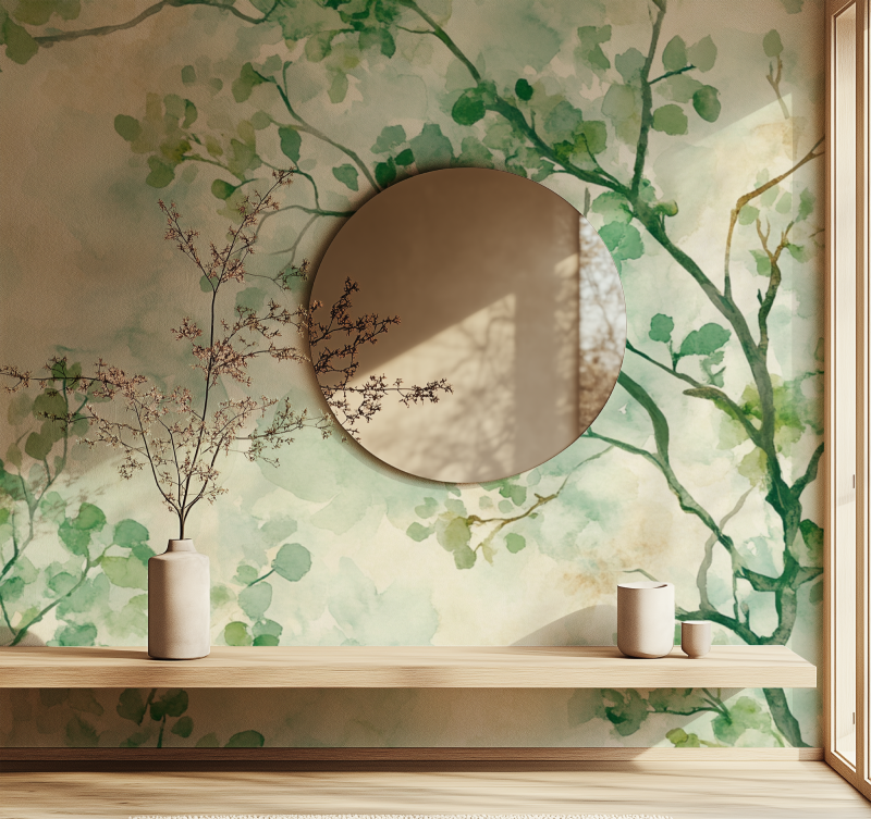 Watercolor green branches mural in minimalist dining room