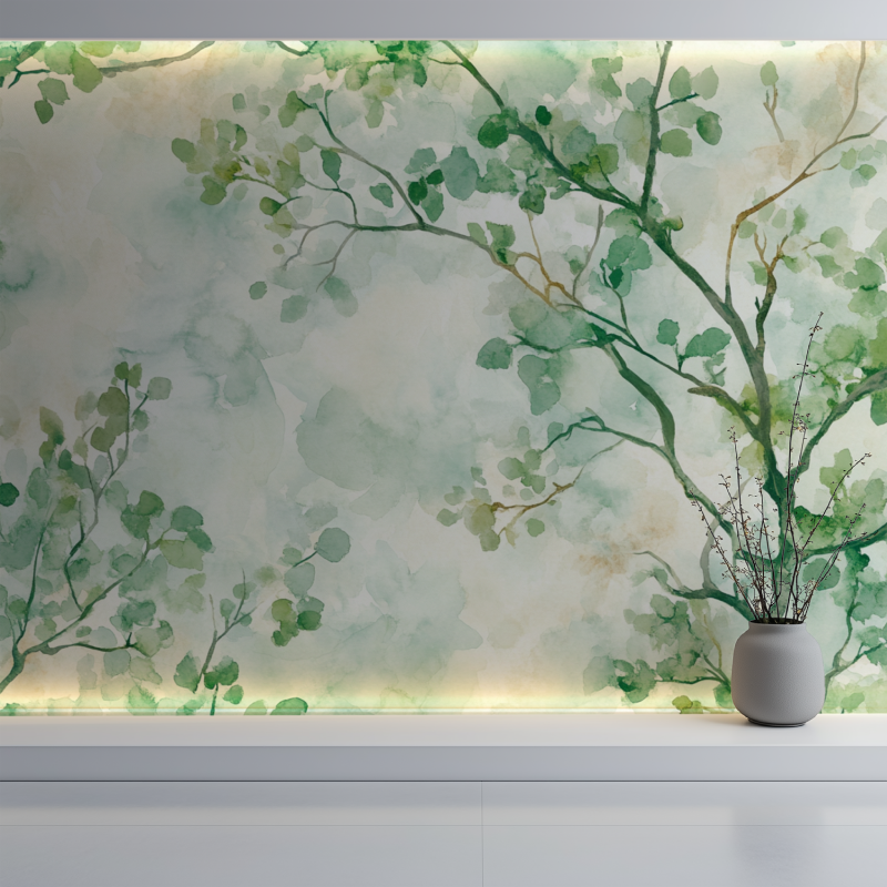 Nature-inspired foliage wallpaper creating calm home office atmosphere