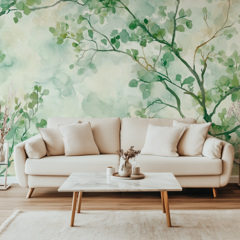 Green leaf mural wallpaper transforming modern hallway space