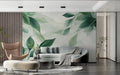 Green leaf wallpaper in modern living room showing watercolor botanical design
