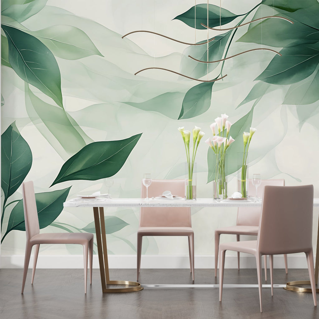 Watercolor leaves mural installed in home office space