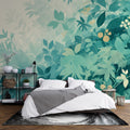 Botanical wallpaper creating a fresh atmosphere in modern living room with natural light