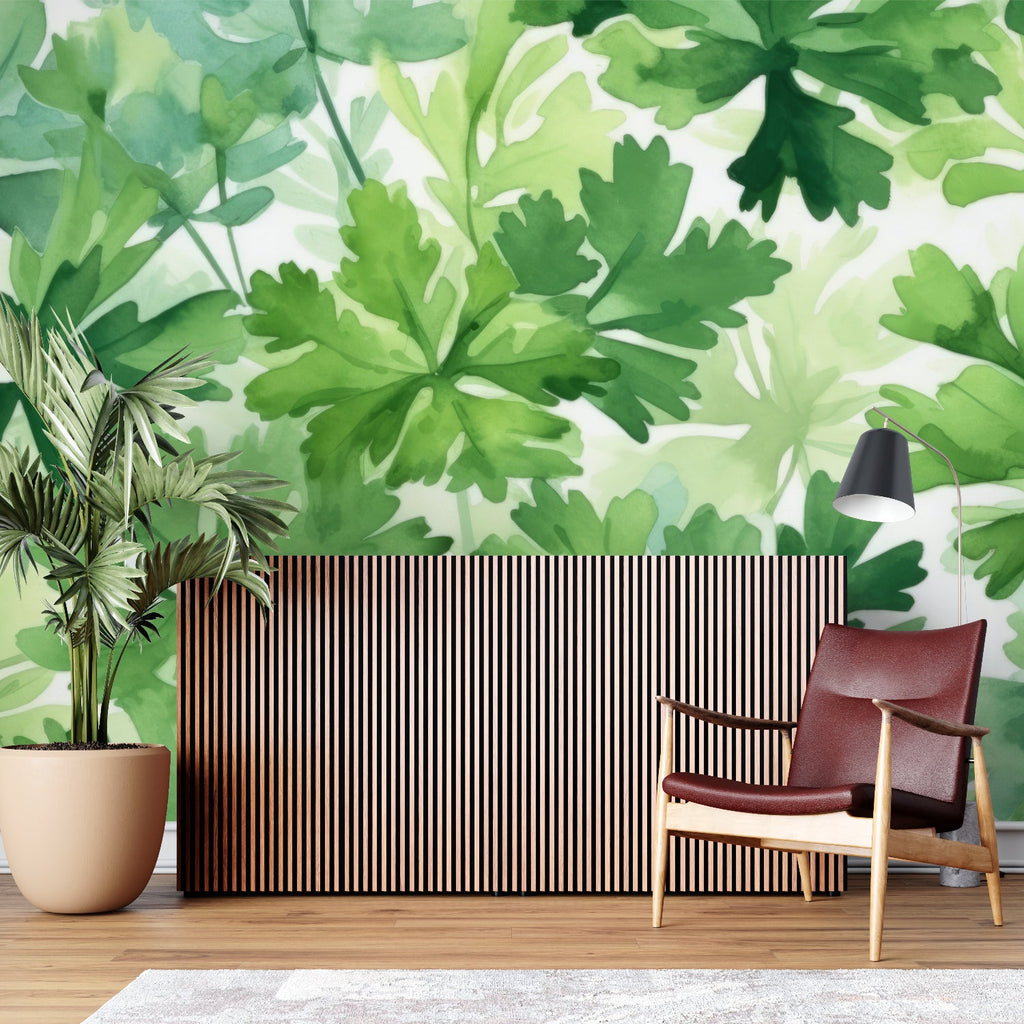 Green leaf wallpaper creating calm atmosphere in minimalist bedroom