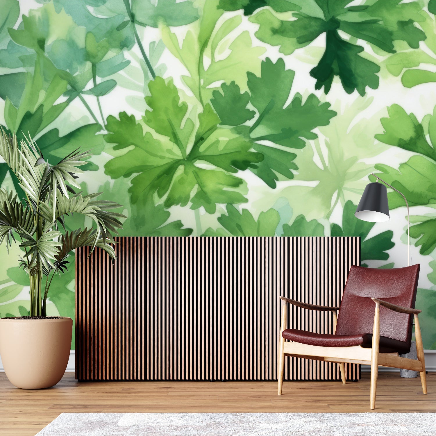 Green leaf wallpaper creating calm atmosphere in minimalist bedroom