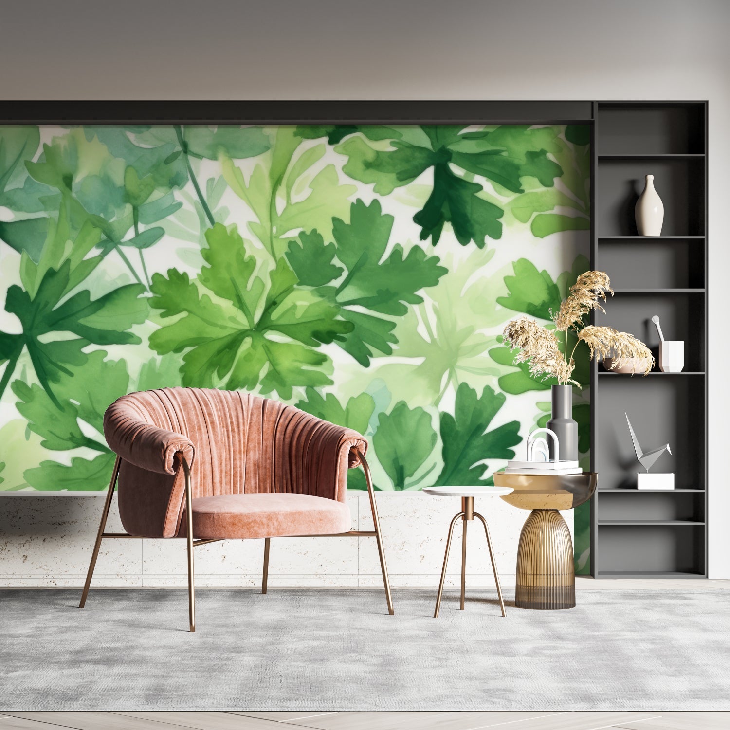 Watercolor botanical mural transforming home office space