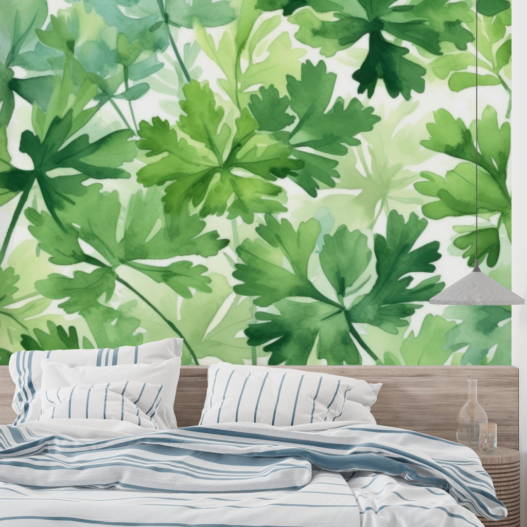 Fresh foliage wallpaper adding natural touch to dining room