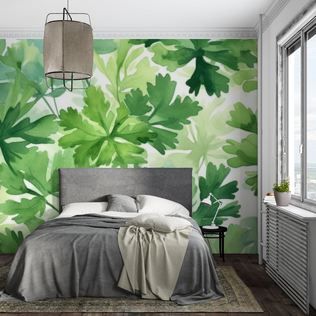 Tropical leaf mural bringing outdoor feel to reading nook