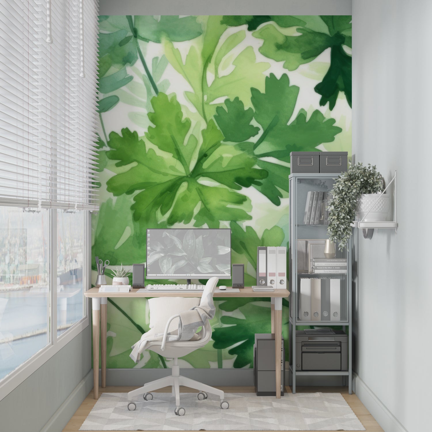 Watercolor foliage mural bringing nature into dining room setting