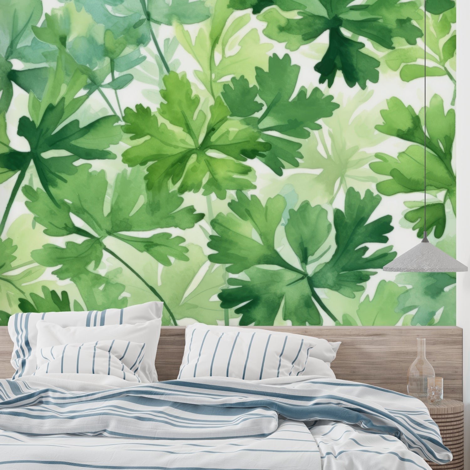 Fresh botanical wall design transforming bedroom with green leaves