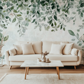 Botanical leaf wallpaper mural in modern living room creating a fresh, natural atmosphere