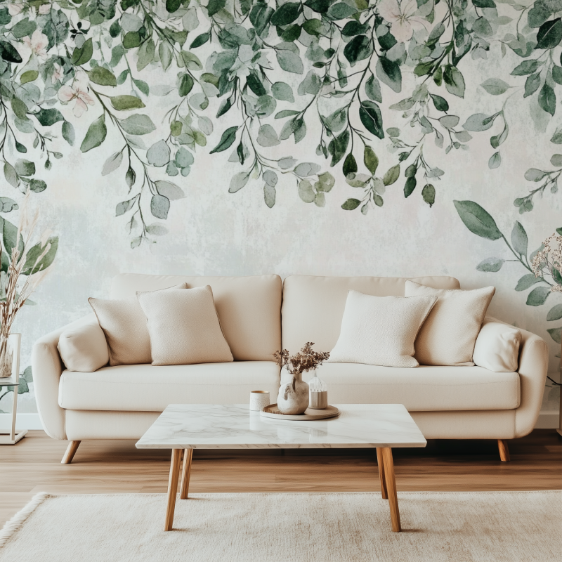 Botanical leaf wallpaper mural in modern living room creating a fresh, natural atmosphere