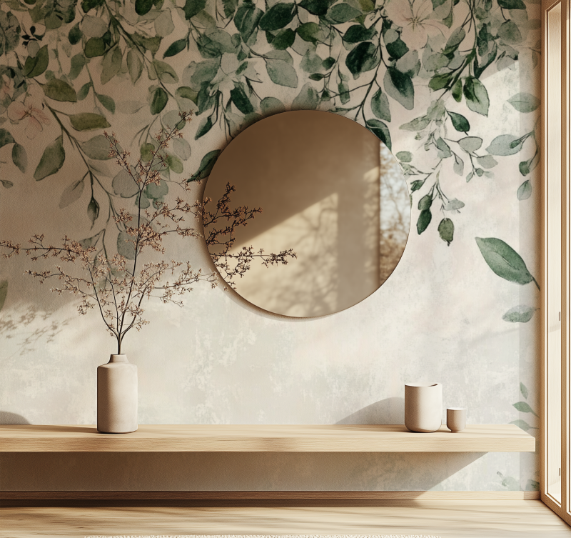 Watercolor leaf mural adding natural beauty to a home office space