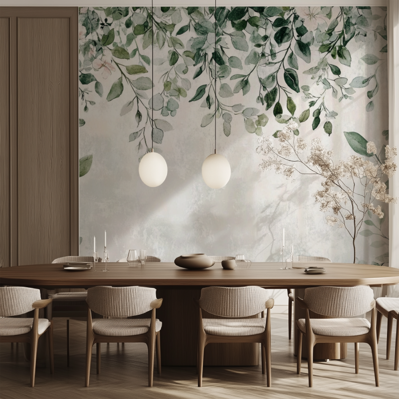 Nature-inspired green leaf wallpaper creating depth in an entrance hall