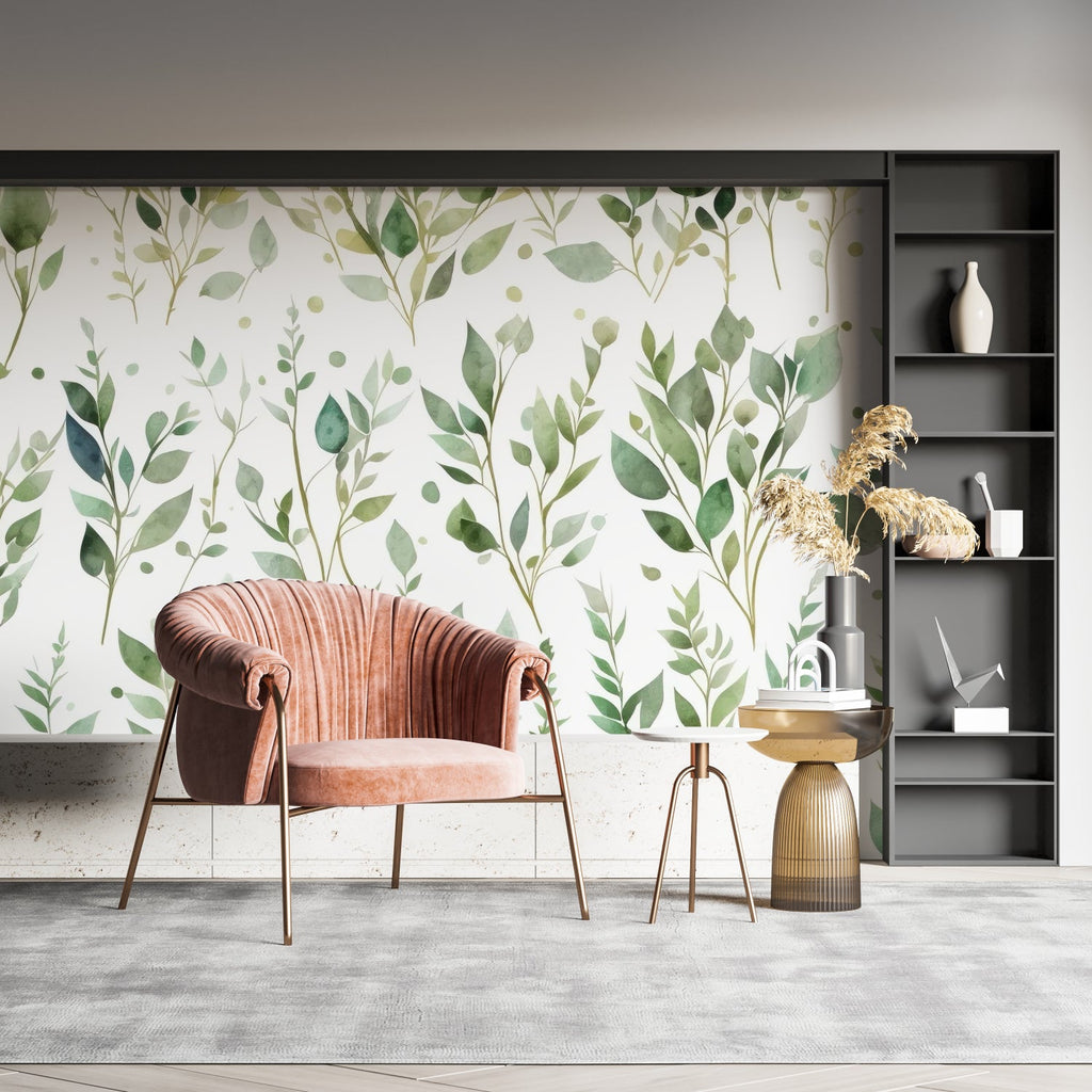 Green leaf mural wallpaper in a peaceful bedroom setting with minimal furniture
