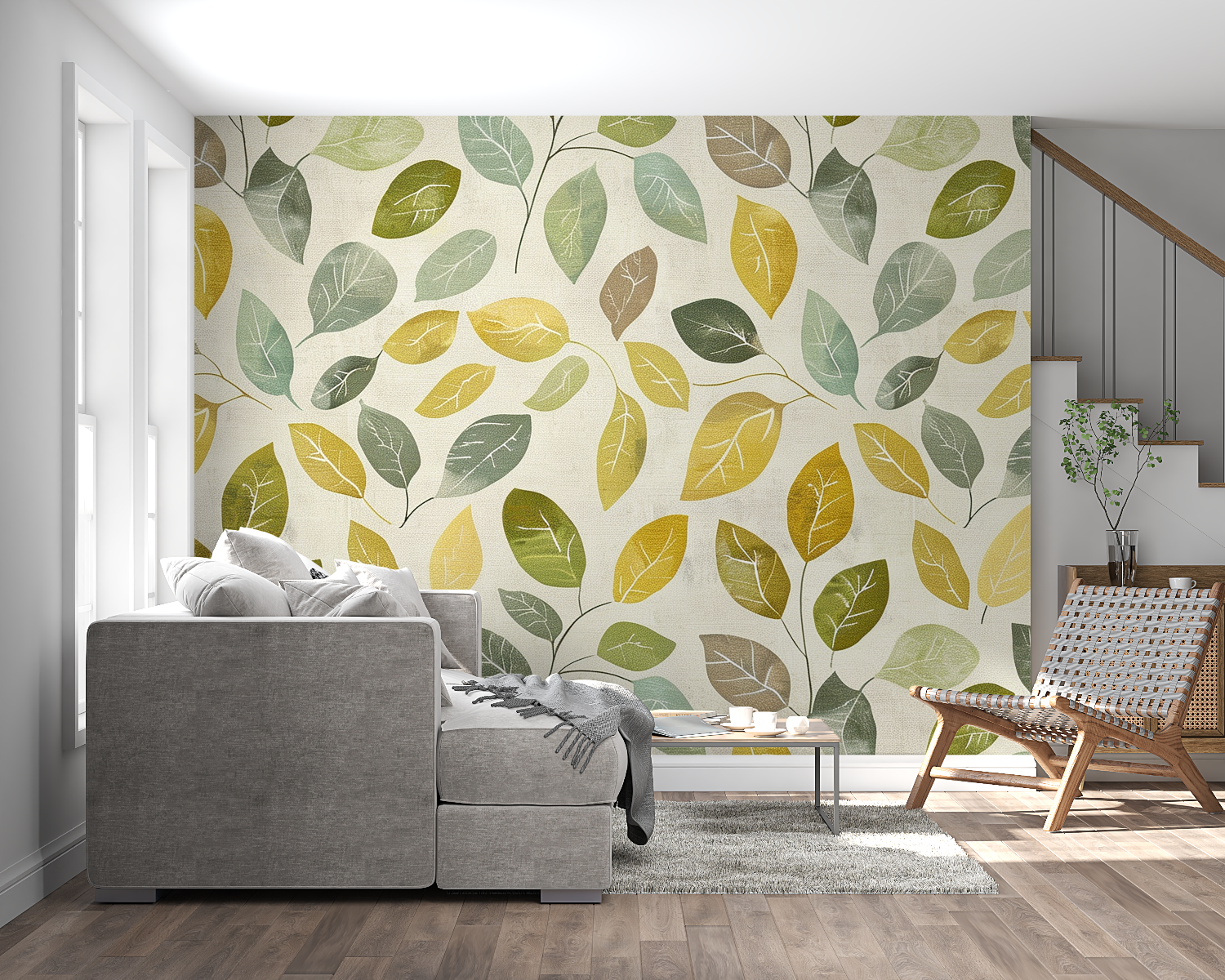 Botanical leaf wallpaper in bright modern living room showing yellow and green pattern