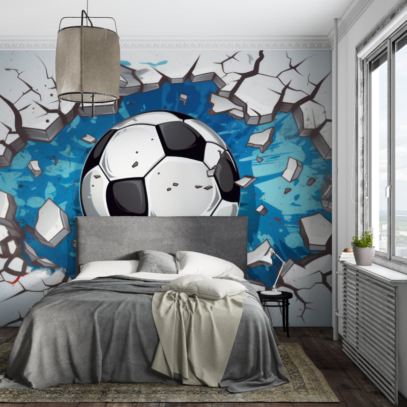 3D Football Wallpaper showcased in modern teen bedroom, soccer ball breaking through wall design