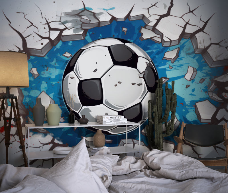 Soccer themed wall mural displayed in game room, dramatic 3D effect