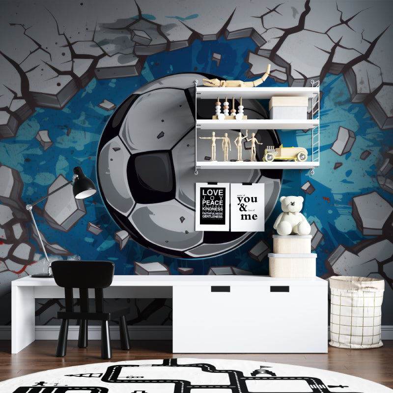 3D Soccer ball wallpaper installed in kids playroom, dynamic design