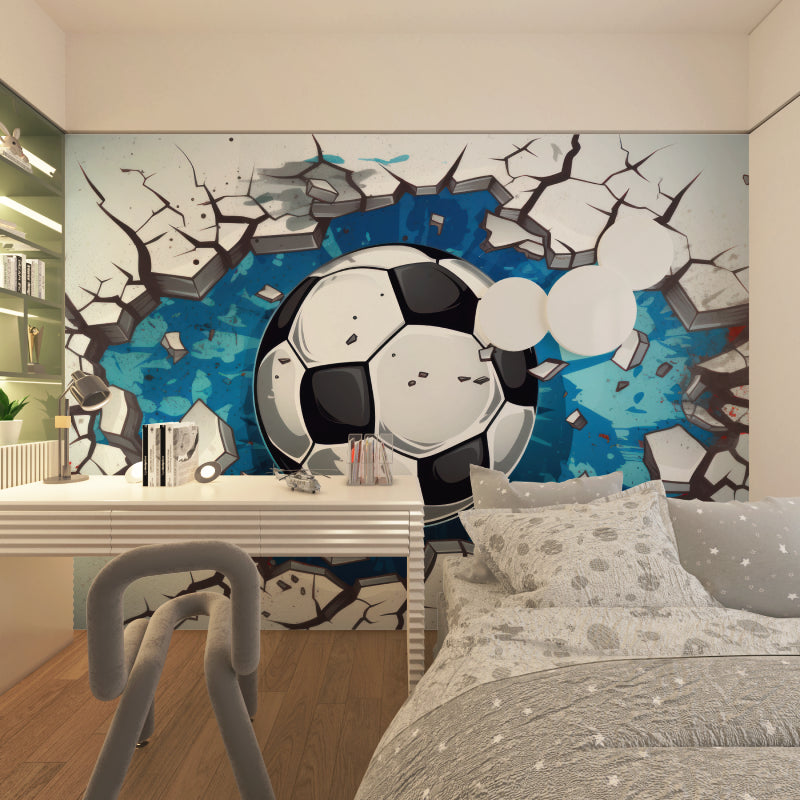 Football themed game room with 3D soccer wall mural